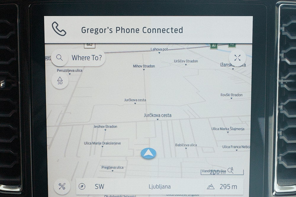 Ford Ranger touchscreen displaying connected navigation map.