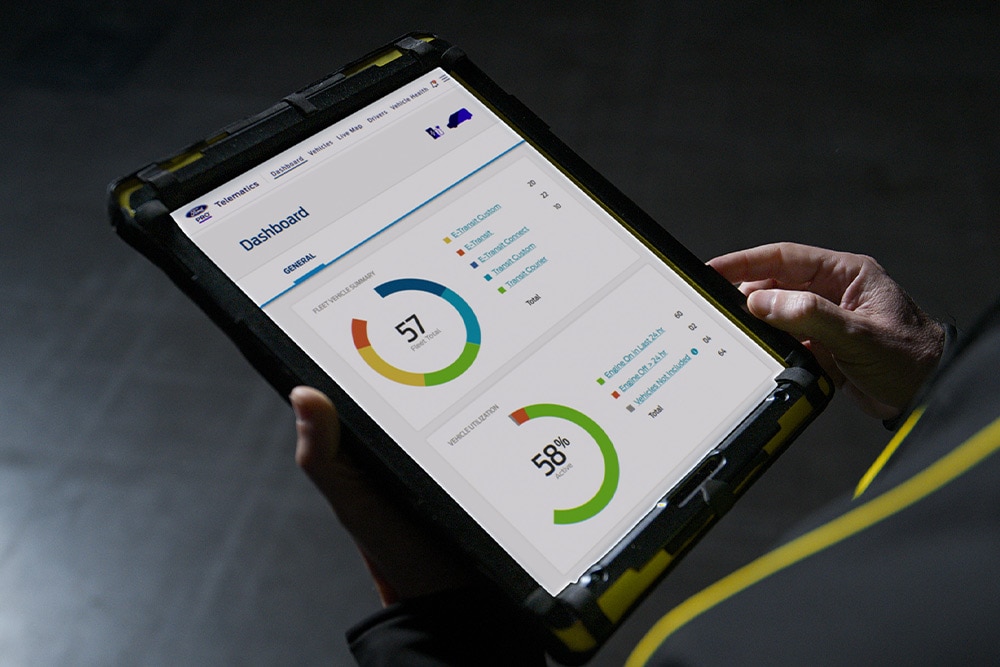 Hands holding a tablet displaying the Ford Pro dashboard with vehicle performance data.