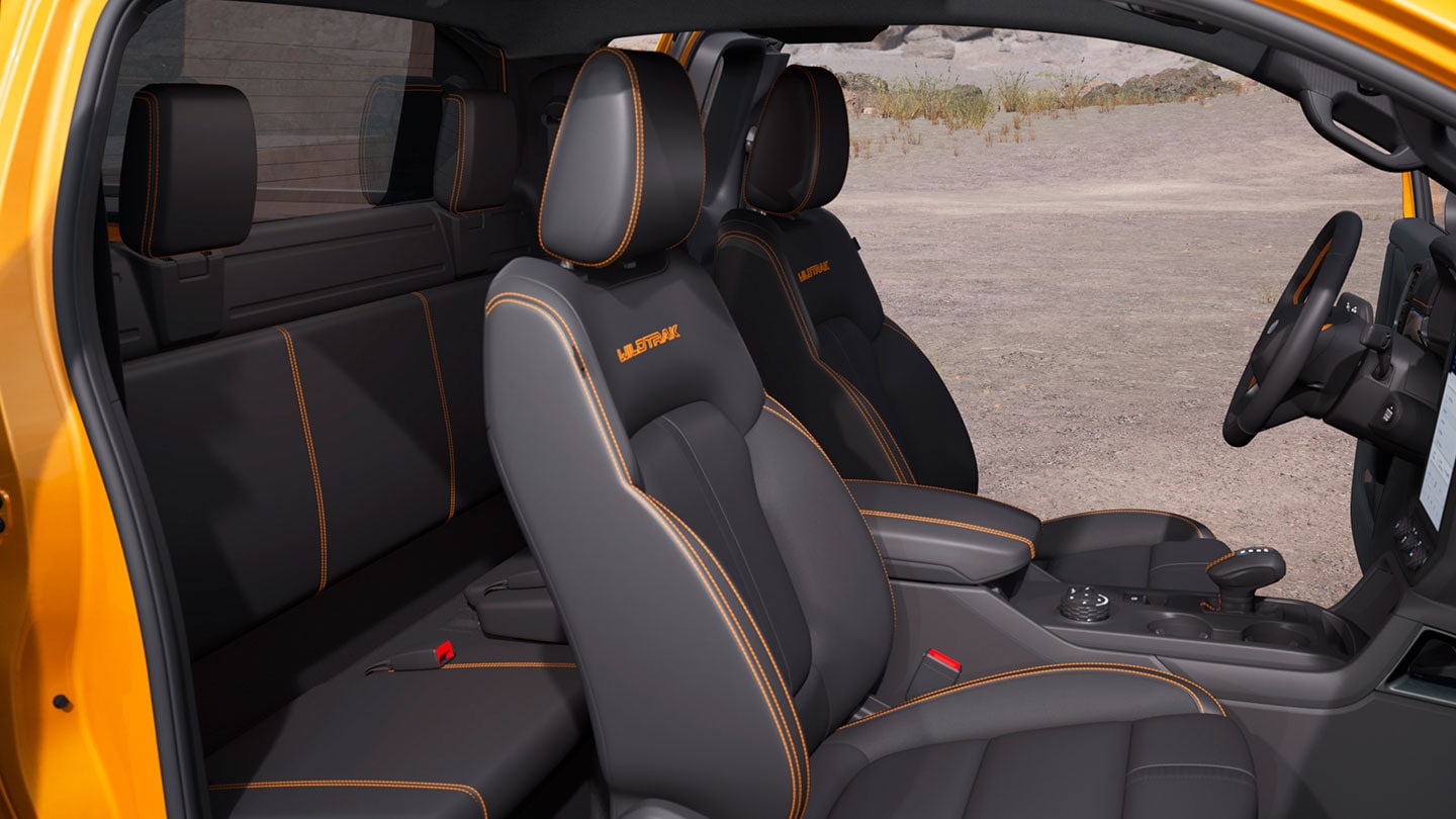 Profile view through the interior of the cabin of a Ford Ranger Wildtrak Super Cab.