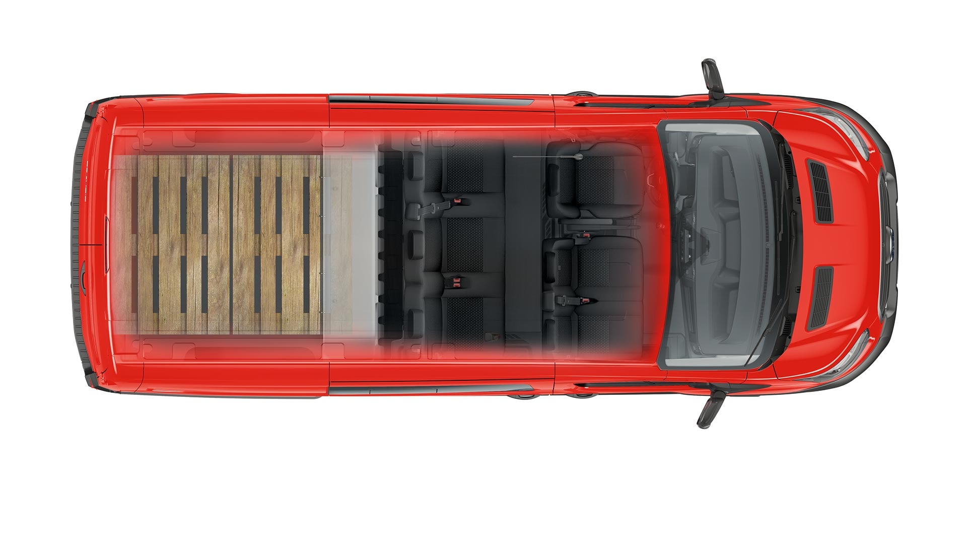Top view of interior layout of a Ford Transit Double Cab-In-Van