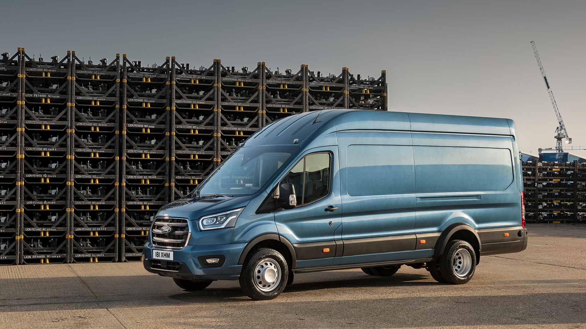 Side view of a 5 tonne, L4 H3 blue Ford Transit Van.