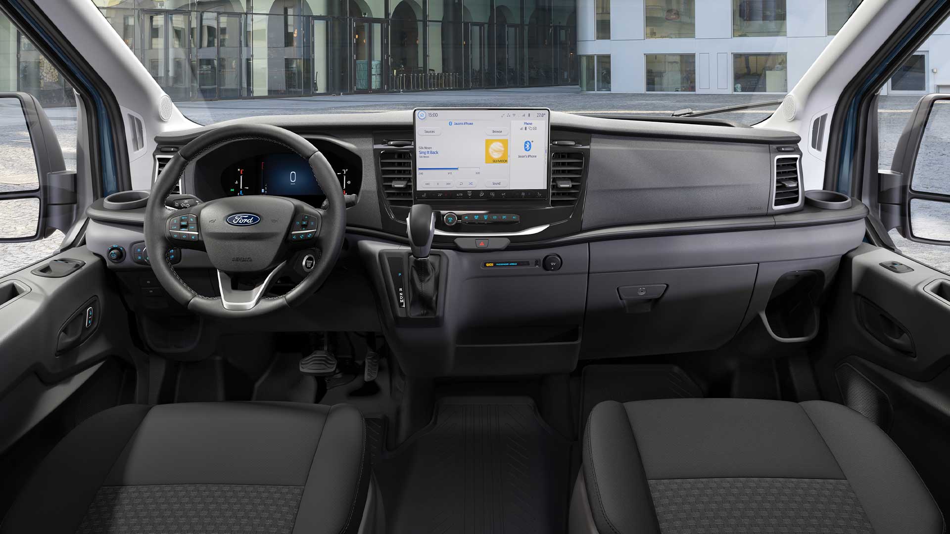 Ford Transit Double Cab-In-Van interior with 12-inch SYNC 4 touchscreen.