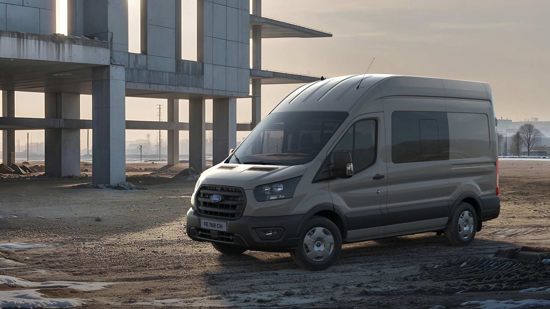 Side view of a 5 tonne, L4 H3 blue Ford Transit Van.