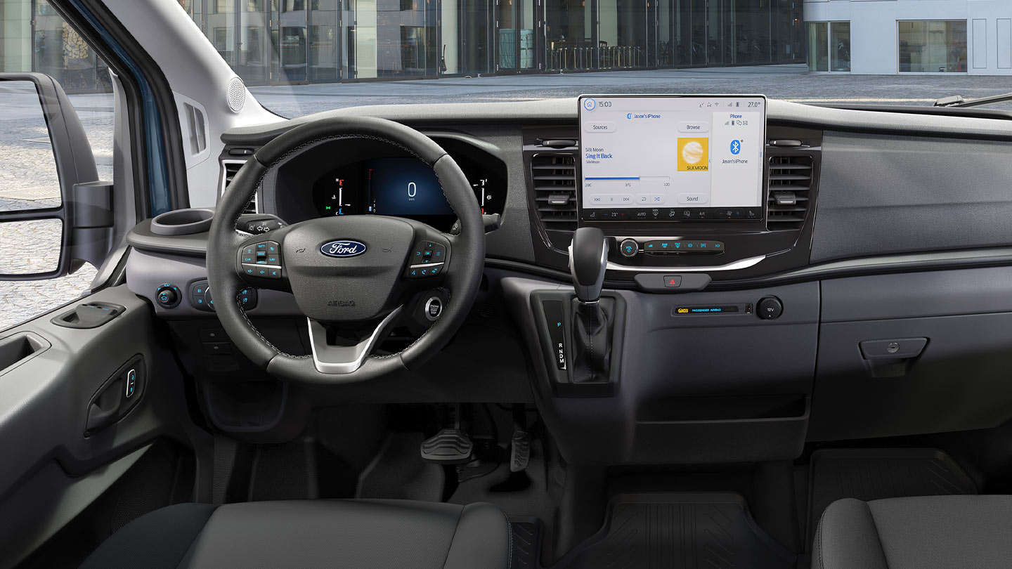 Interior view of Ford Transit Van, highlighting the 12-inch SYNC 4 touchscreen.