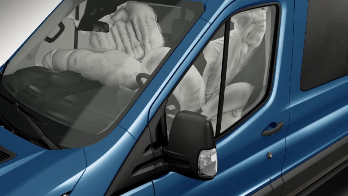 Ford Transit with airbags deployed.