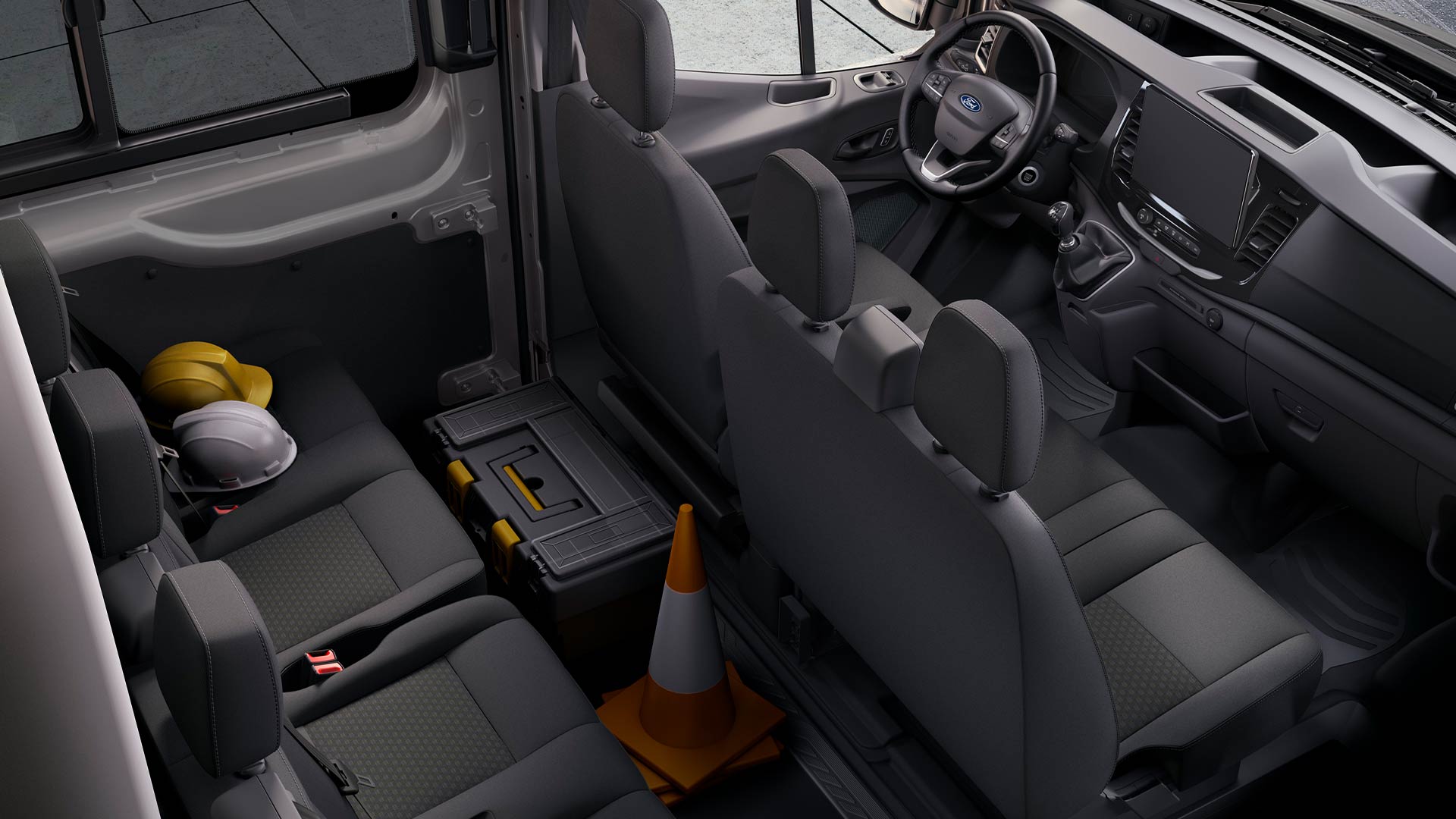 Interior of Ford Transit Double Cab-In-Van with two rows of seats.