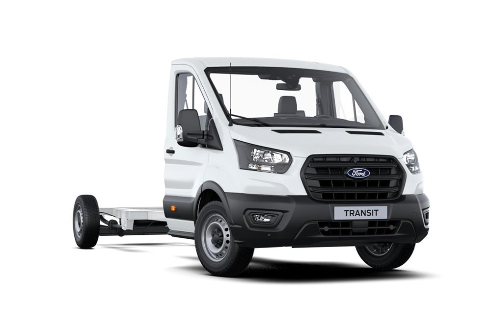 White Ford Transit Chassis Skeletal van on a white background.