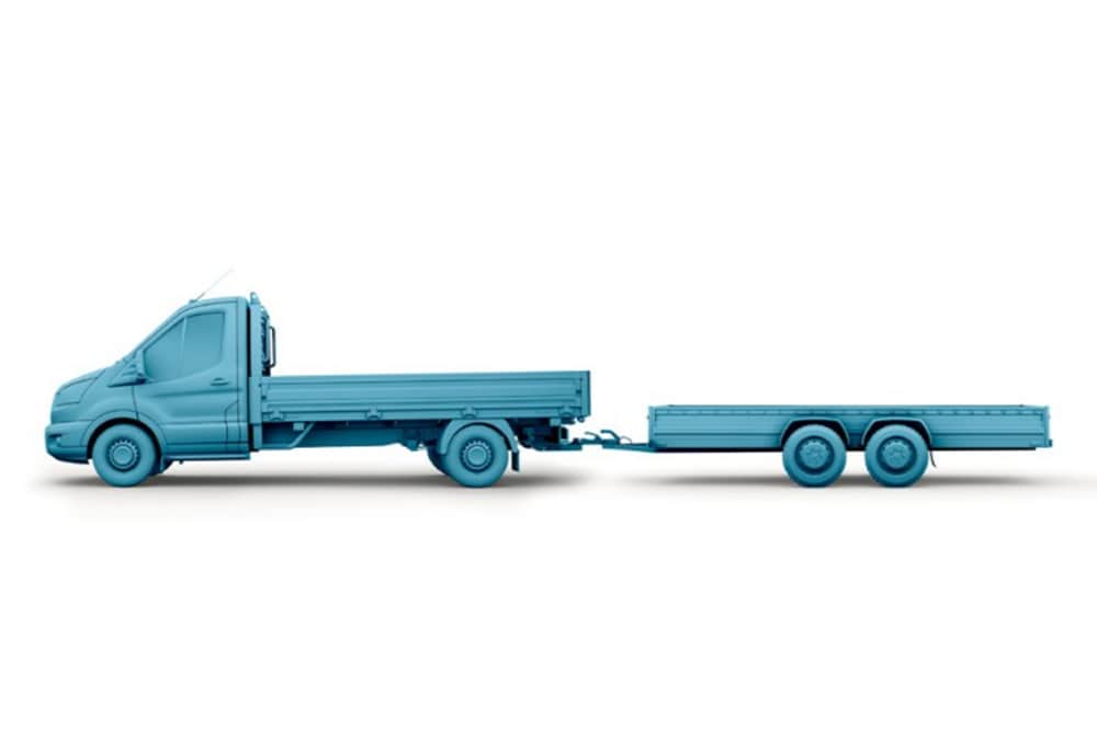 Blue sketch of a Ford Transit Chassis Cab with trailer attached. 