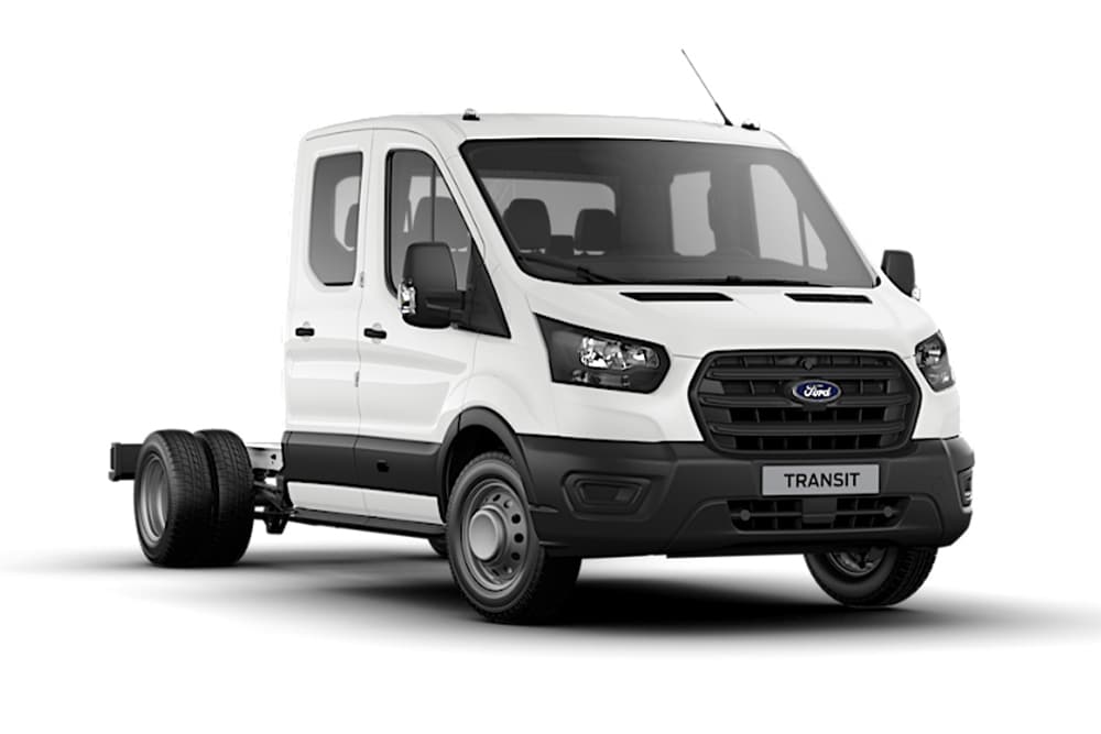 White Ford Transit Chassis Double Cab Base van on a white background.