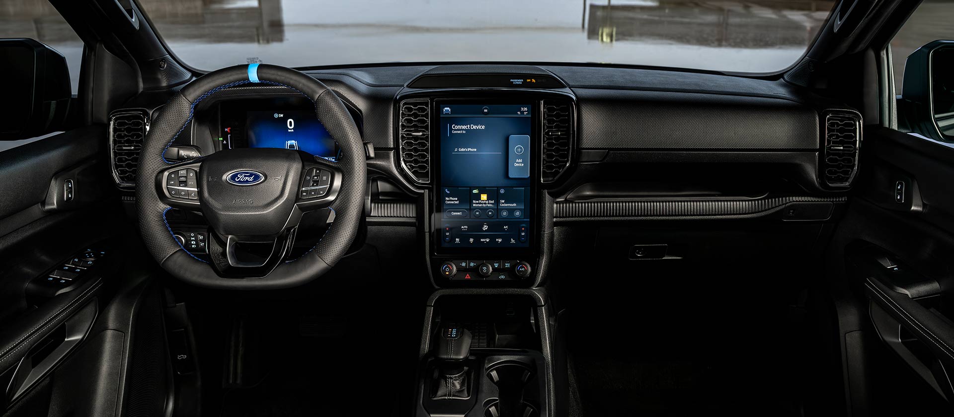 Driver's view of a Ford Ranger MS-RT with bespoke MS-RT steering wheel and 12-inch touchscreen.