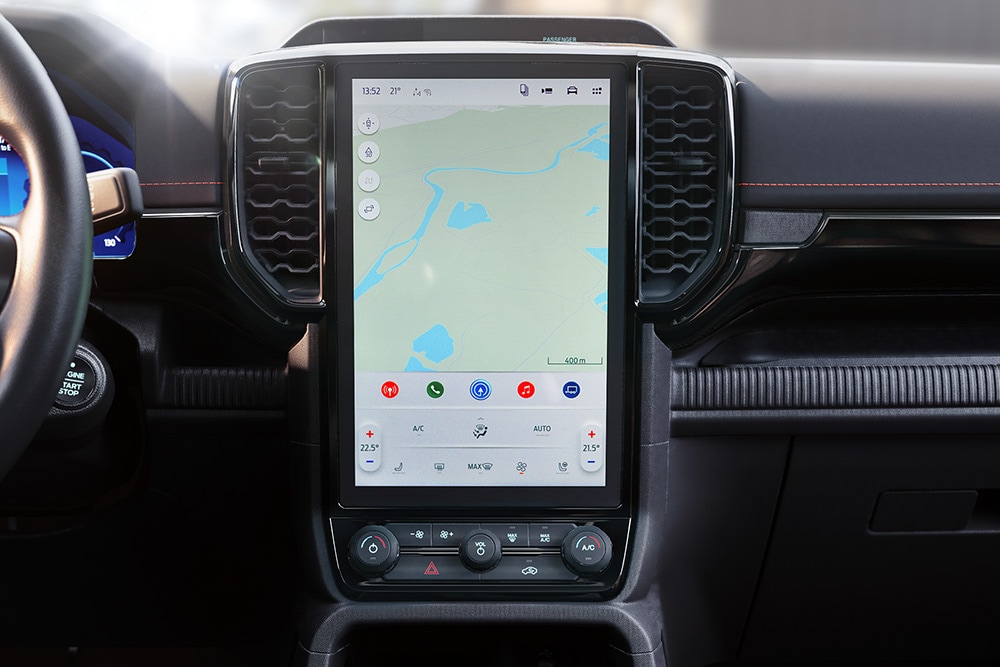 Close-up of the Ford Ranger  SYNC™ 4 12-inch central touchscreen.