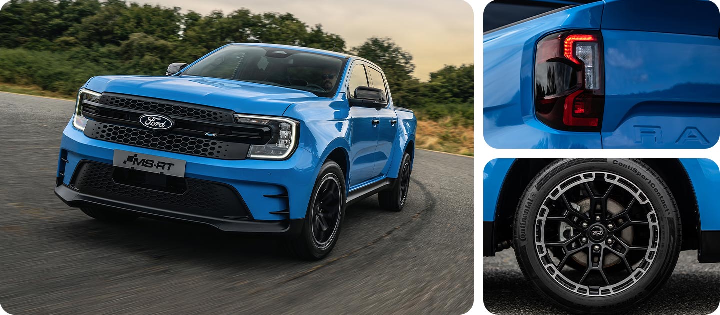 Collage of different views of a blue Ford Ranger MS-RT including a rear light and a wheel.