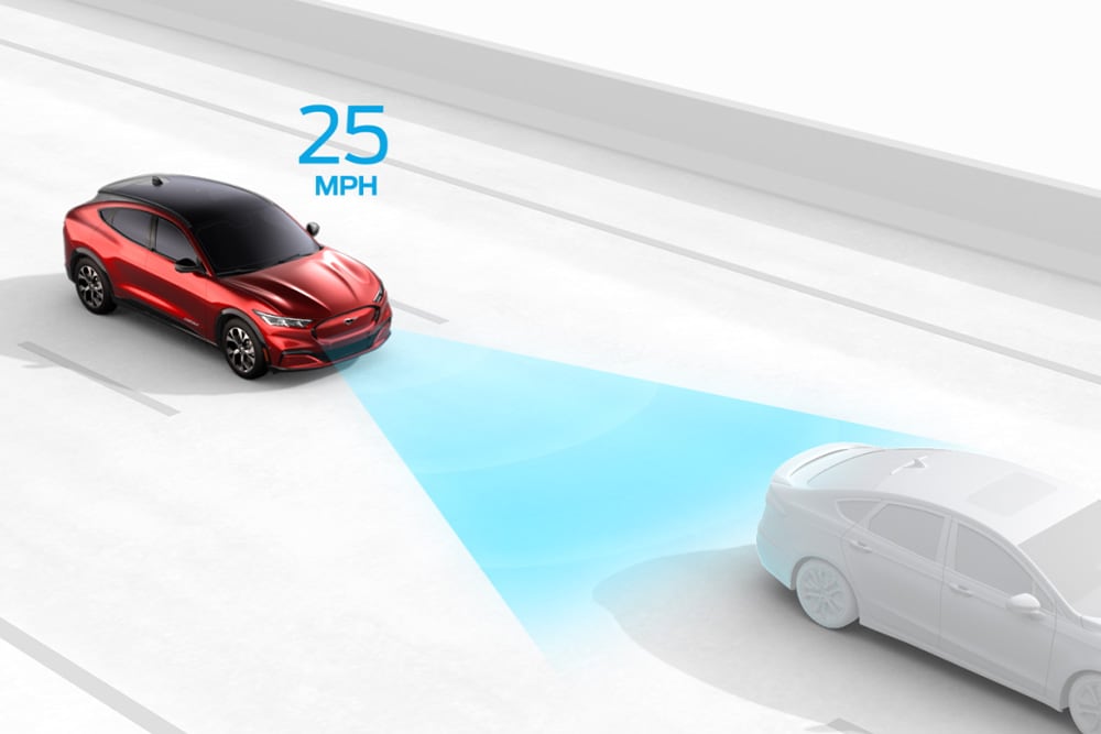 Graphic illustrating the Intelligent Speed Assist on a Ford vehicle.