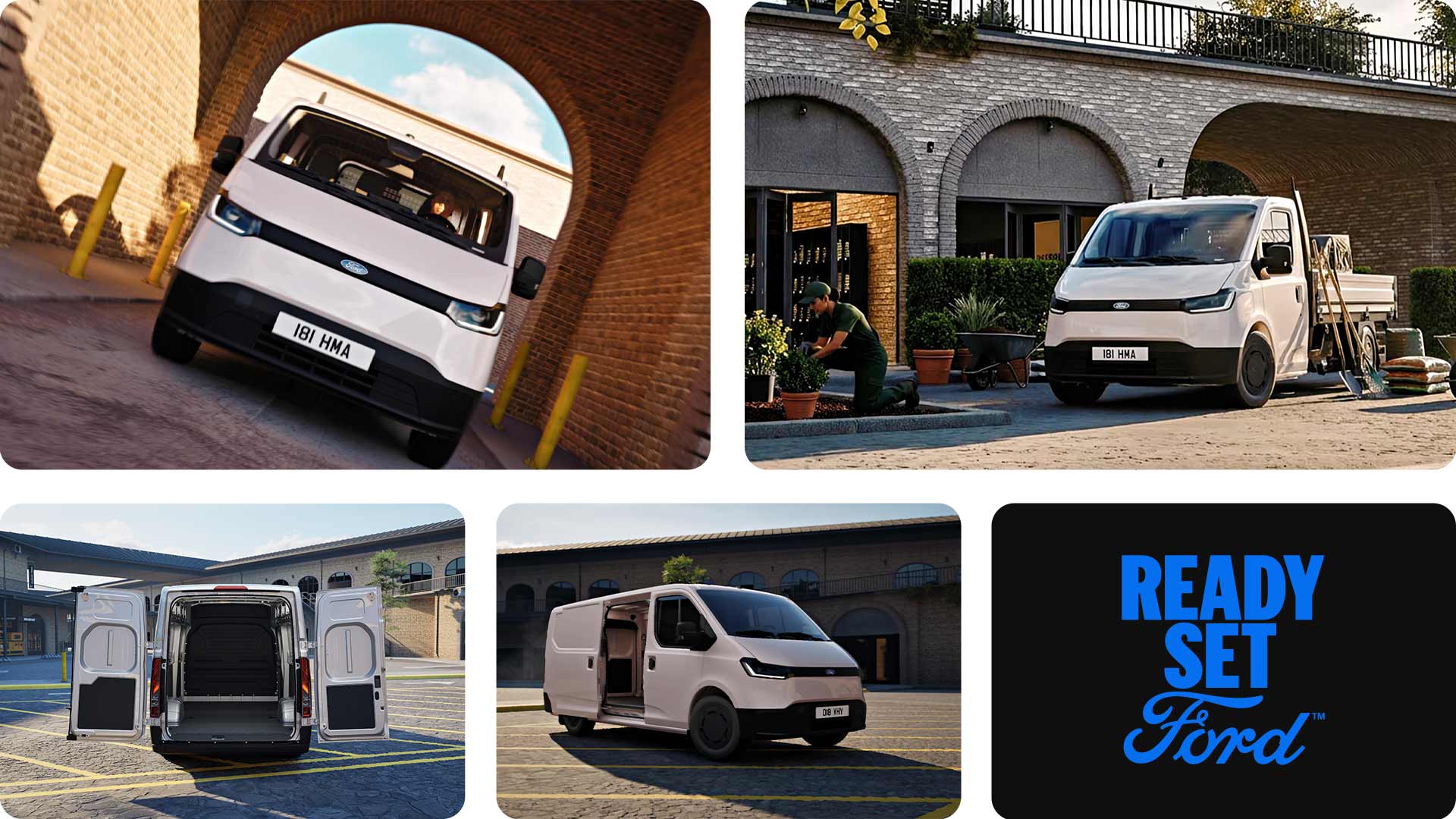 Collage featuring various angles of a white Transit City van, parked next to different warehouses.