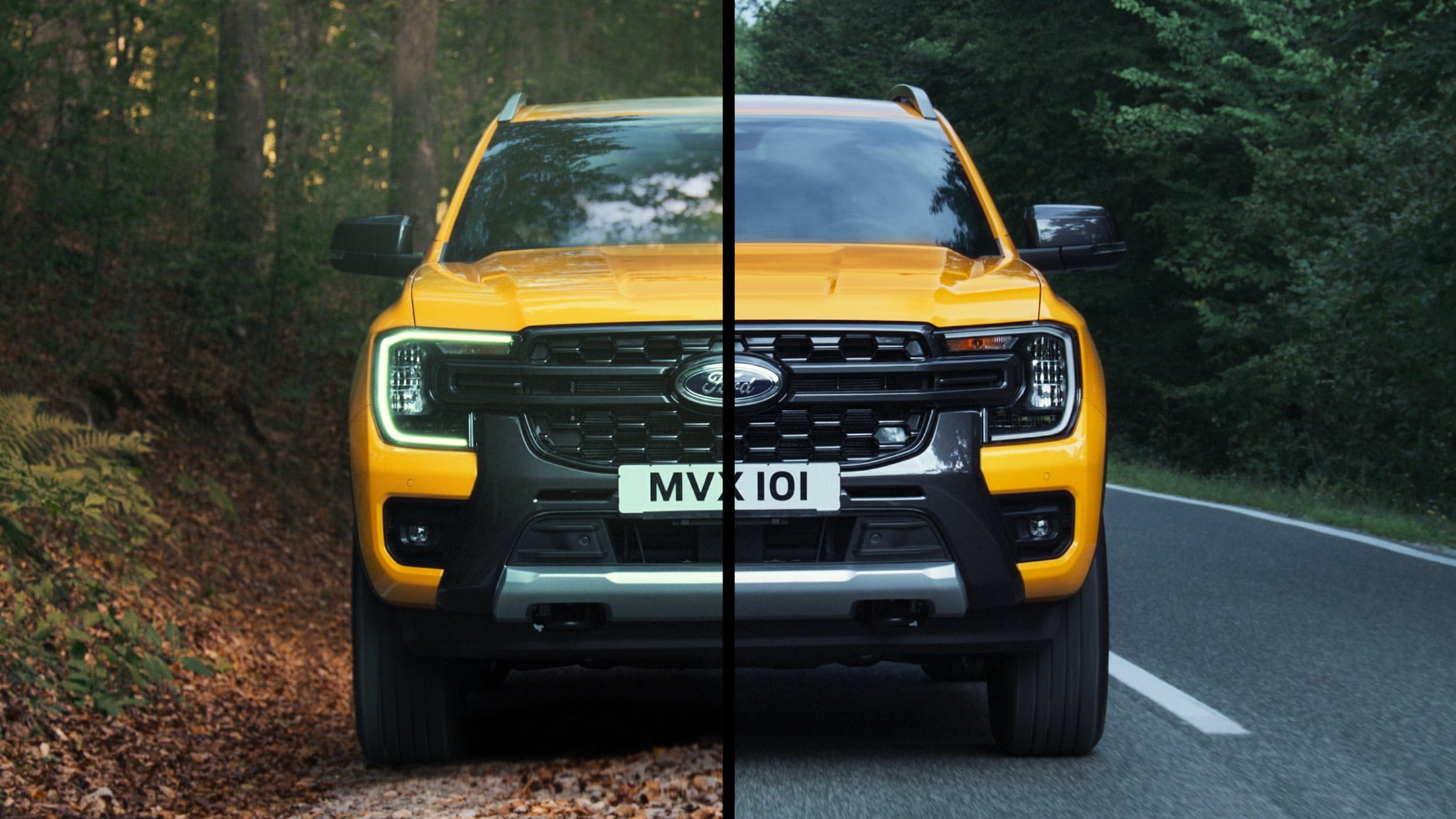 Split front view of Ford Ranger on both paved road and dirt track