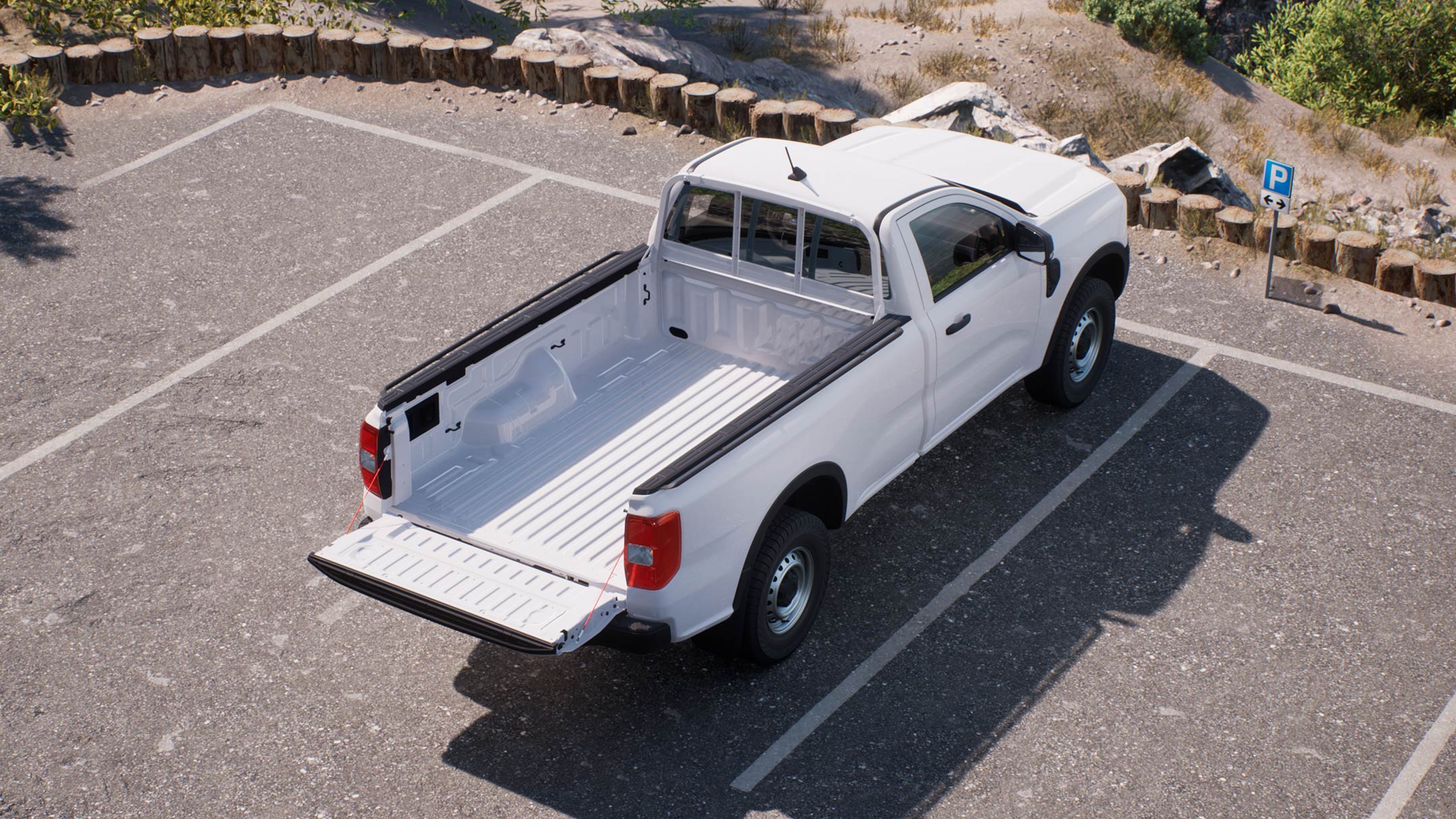 Ford Ranger frozen white 3/4 rear view from above showing load bed