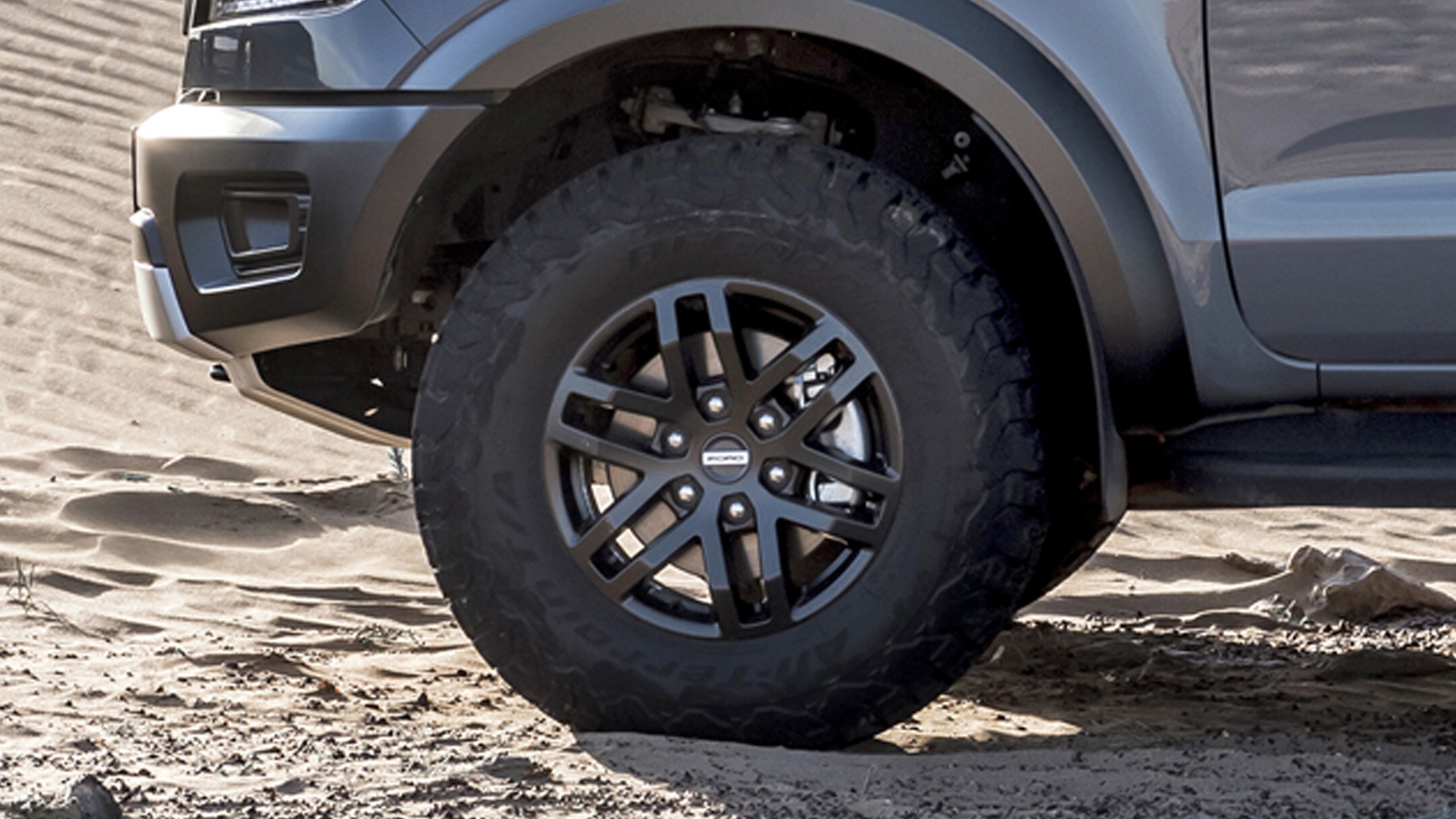 Ford Ranger Raptor close up of all-terrain tyres 