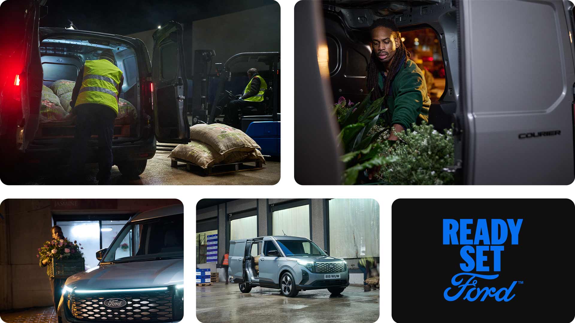 Collage featuring Ford the E-Transit Courier being loaded with goods at night, and people handling deliveries.