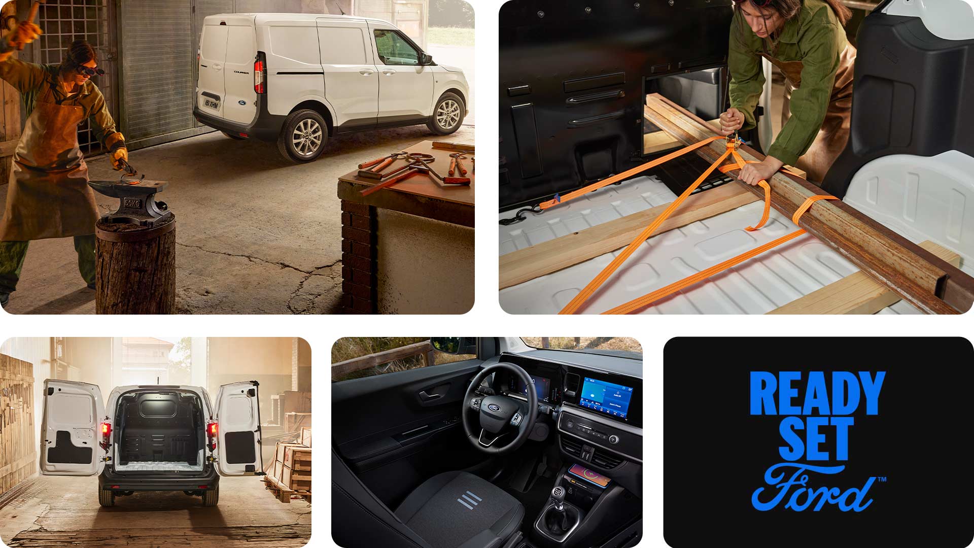 Collage showing a white Ford Transit Courier besides a worker, a van's open load area, and a close-up of the dashboard.