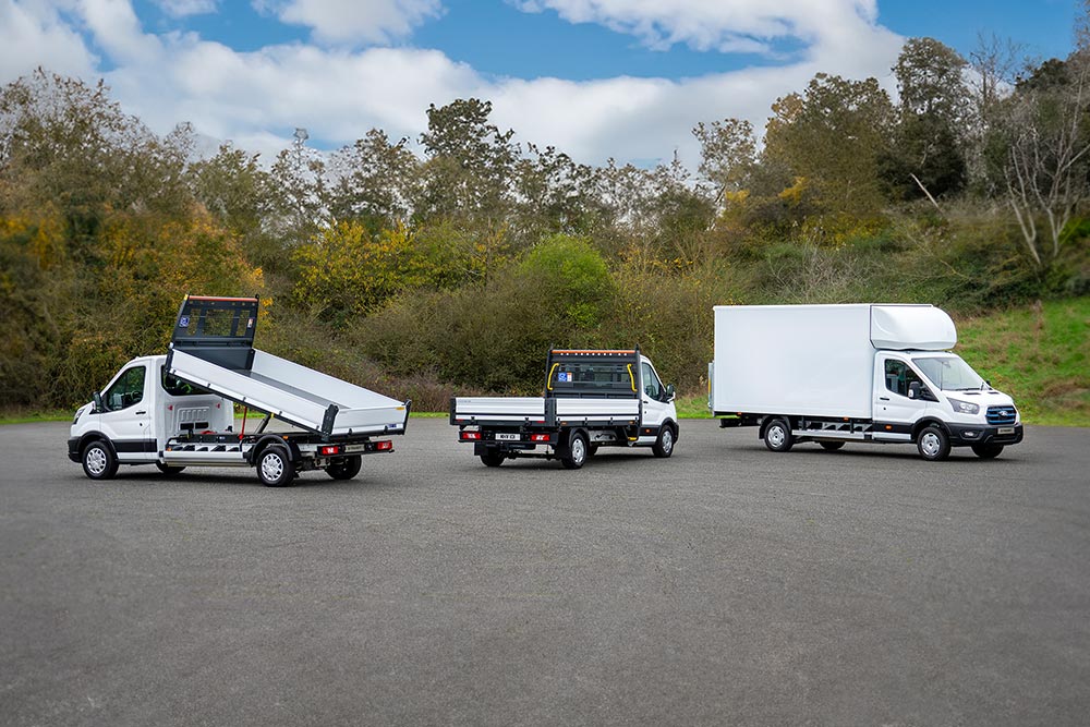Ford Transit lineup including tippers and Luton van conversions.