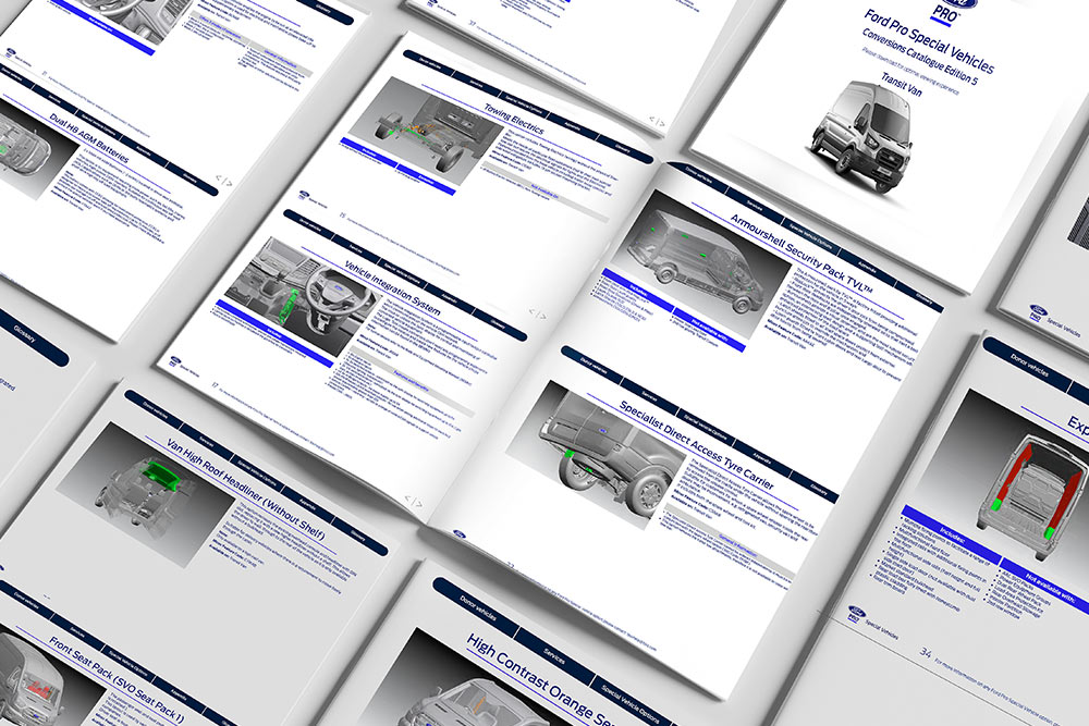 Ford Pro conversion catalogue open to technical pages.