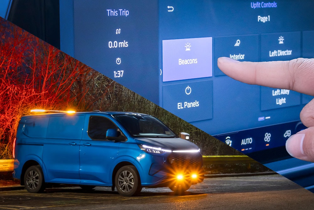 A blue Ford Transit Custom van at night with amber beacons, and a digital screen showing upfit controls.