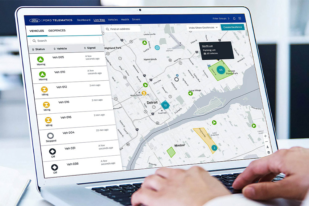 Ford Pro telematics dashboard displaying on a laptop screen.