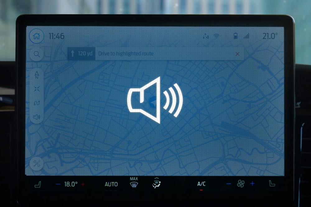 Verbal prompt symbol displaying on Ford touchscreen, for in-vehicle coaching.