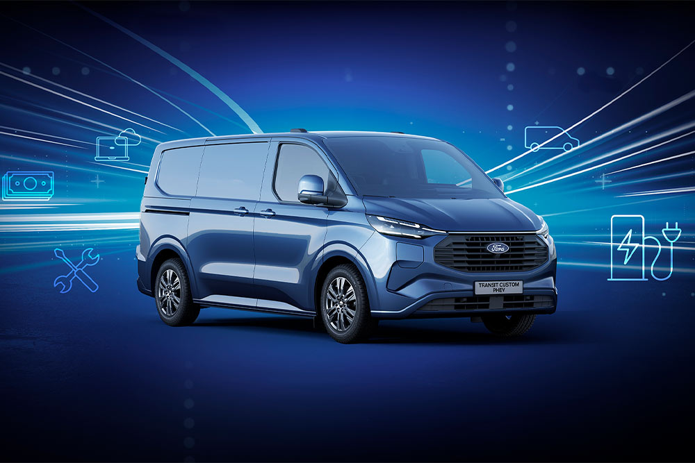 A blue Ford van shown from a front three-quarter angle against a blue background with digital lines.