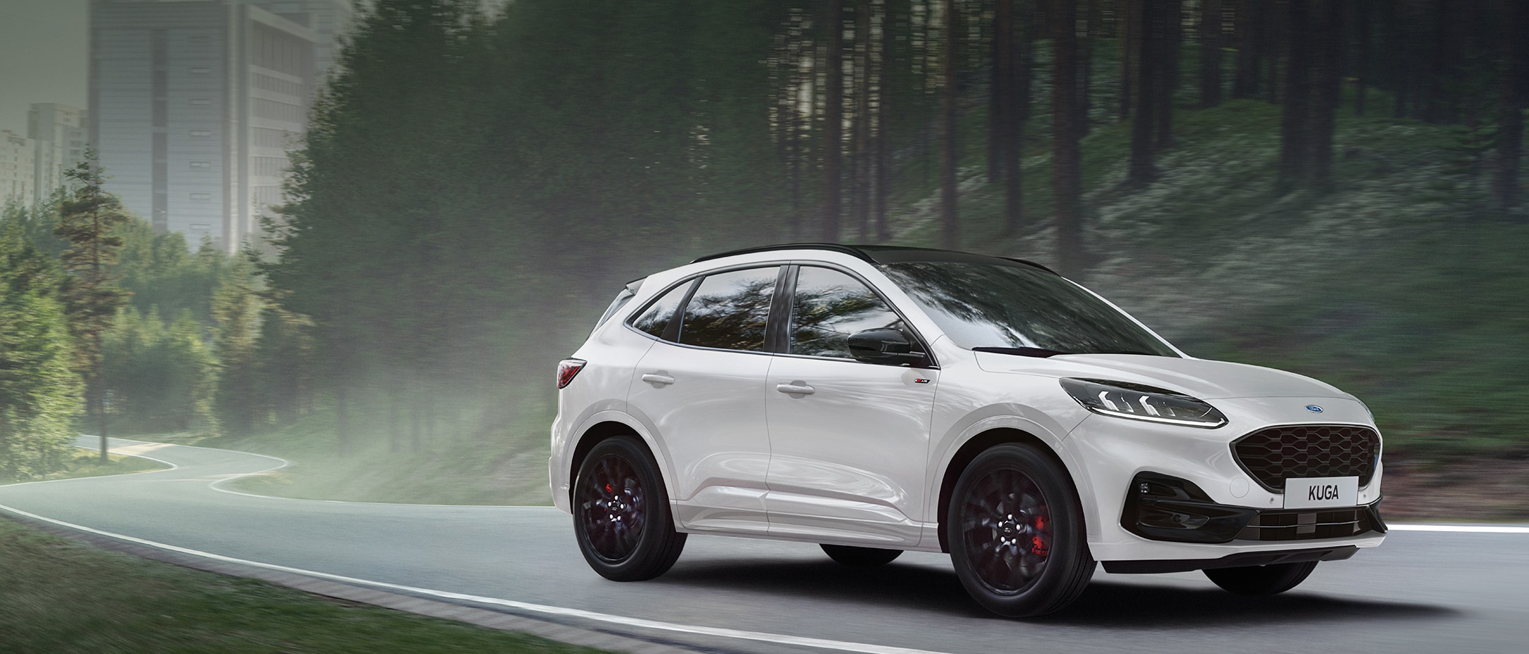 Red Kuga charging in front of a house