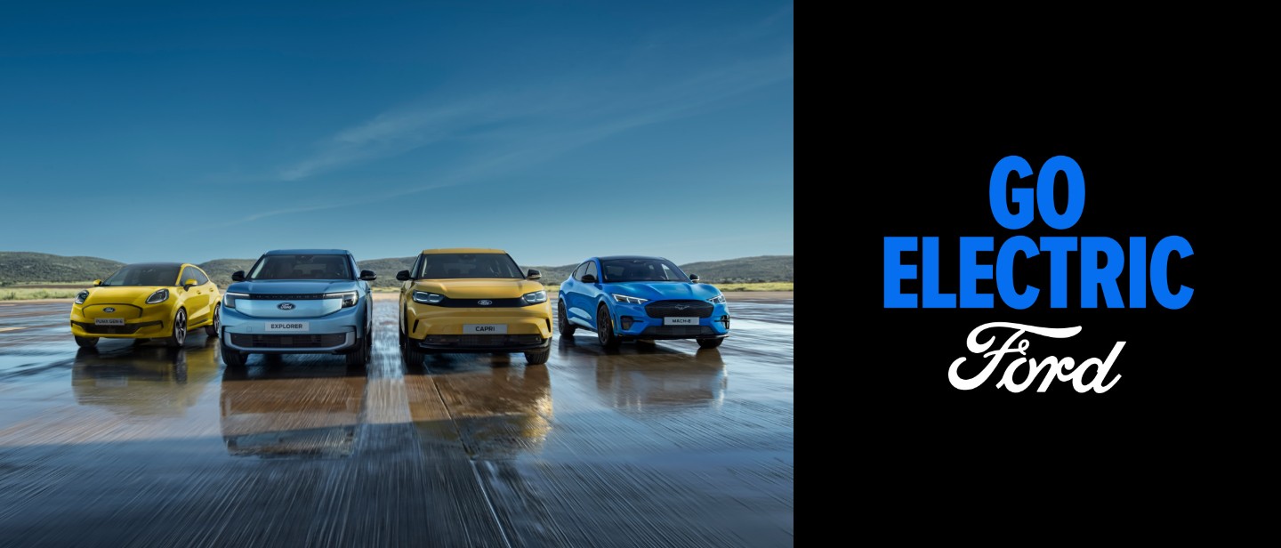 A line-up of the range of Ford electric cars, with the Ford Puma Gen-E, Ford Explorer, Ford Capri and Ford Mustang Mach-E.