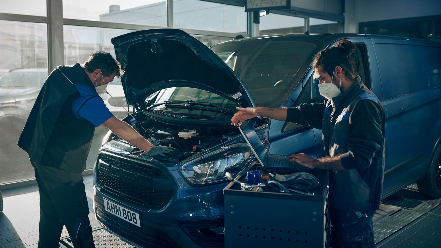 Ford commercial vehicle being checked at service point