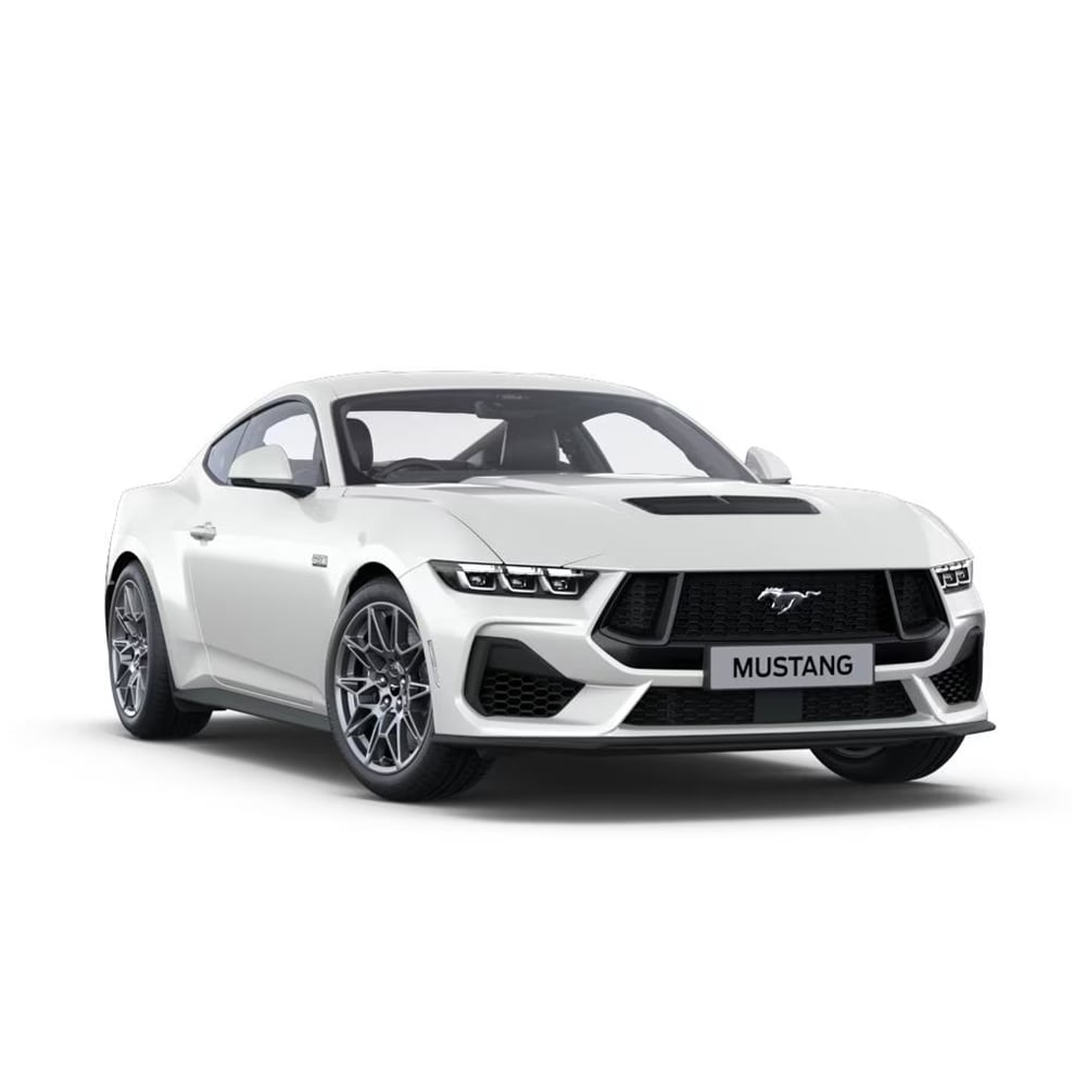 Front 3/4 view of a white Ford Mustang.