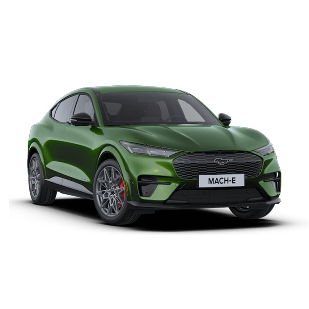 Front view of a green Ford Mustang Mach-E on a white background.