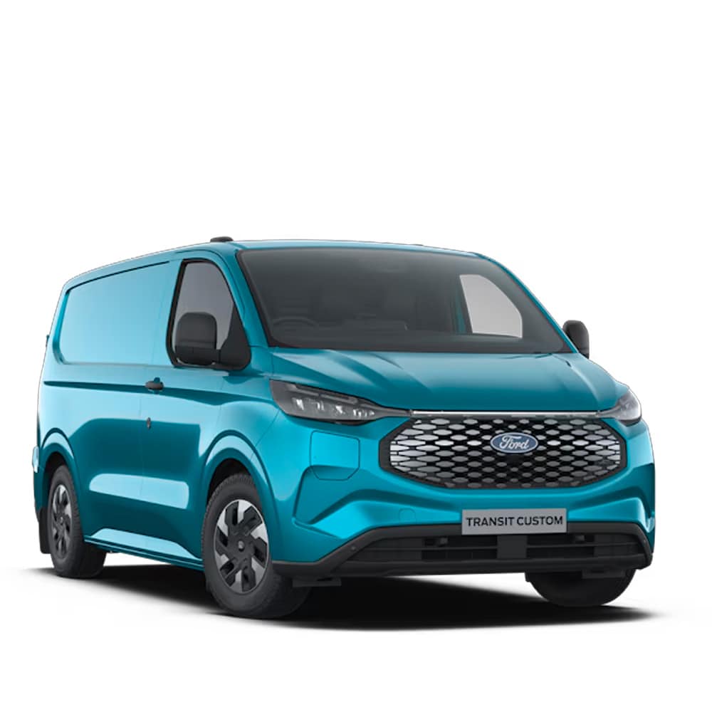 Front 3/4 view of a blue Ford E-Transit Custom van on a white background.