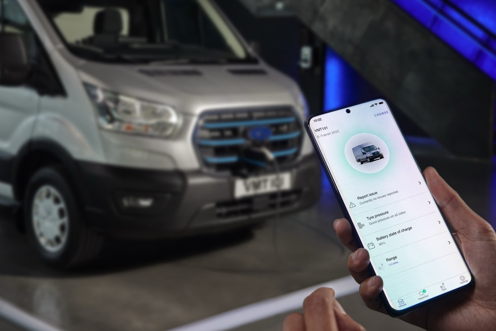 E Transit nameplate on a car