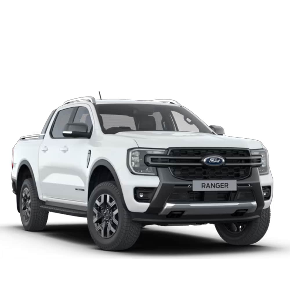 Front 3/4 view of a white Ford Ranger Plug-In Hybrid pickup truck on a white background.