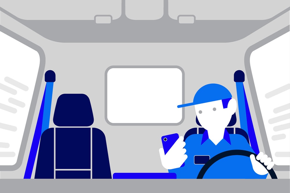 Illustration of a driver in a Ford vehicle using a mobile phone, highlighting driver behaviour monitoring.