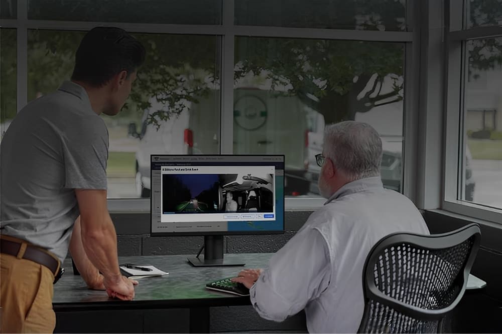 A rear view of the inside of a white Ford van parked near office buildings.