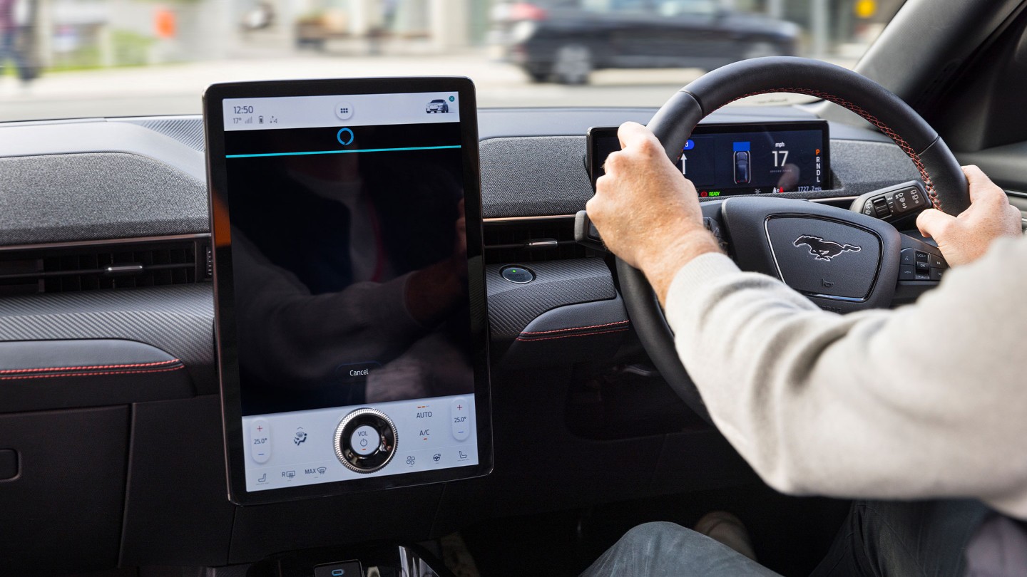 The Amazon Alexa Built-in interface on the SYNC 4 screen of the Mustang Mach-E.