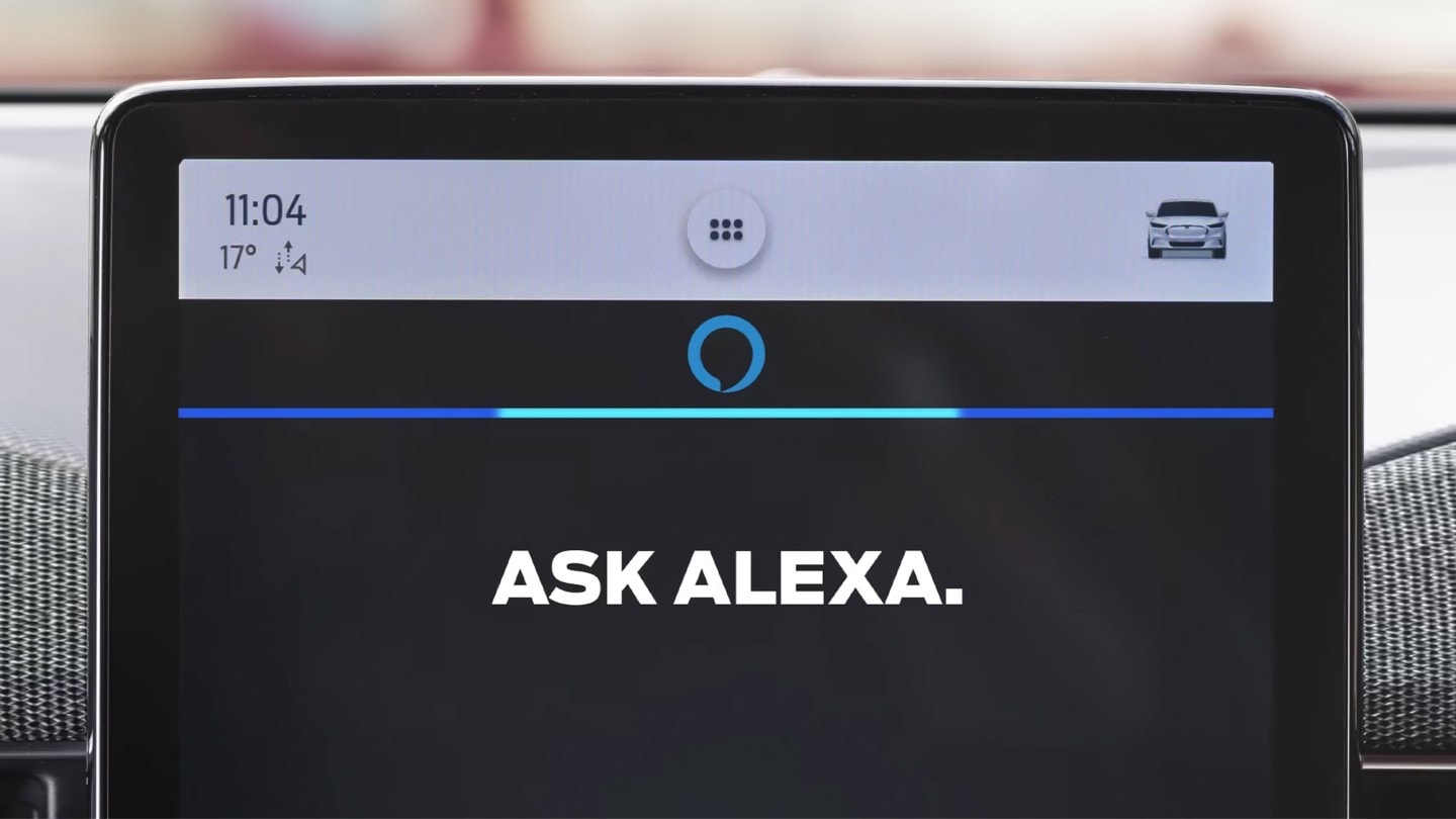 The Amazon Alexa Built-in interface on the SYNC 4 screen showing “Ask Alexa”.