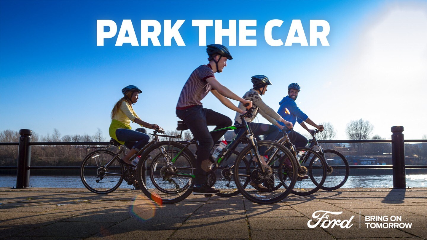 Four people riding bicycles in sunshine