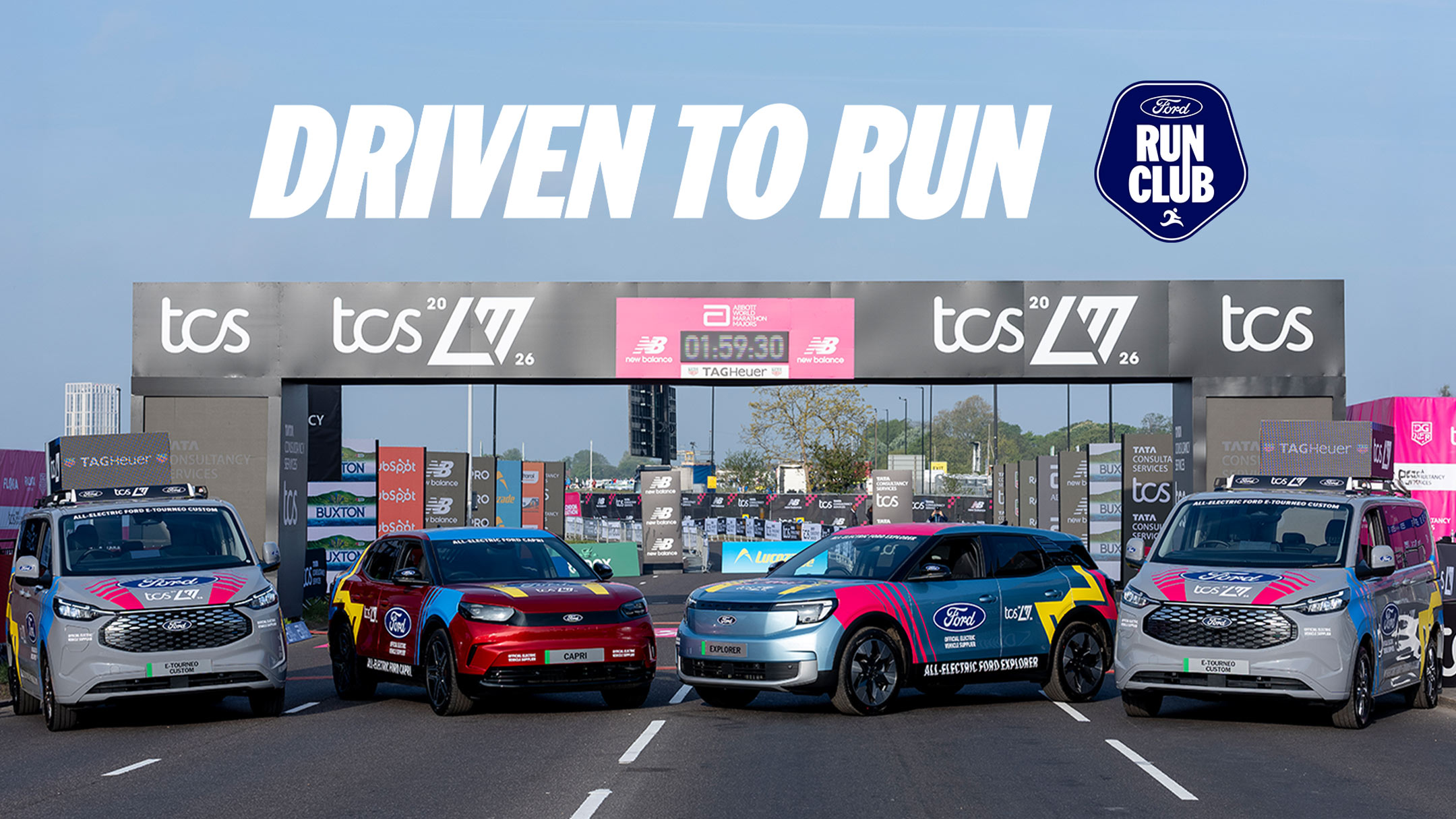 Ford E-Tourneo Custom vans, red Ford Capri, and blue Ford Explorer at a marathon finish line. 'DRIVEN TO RUN'.