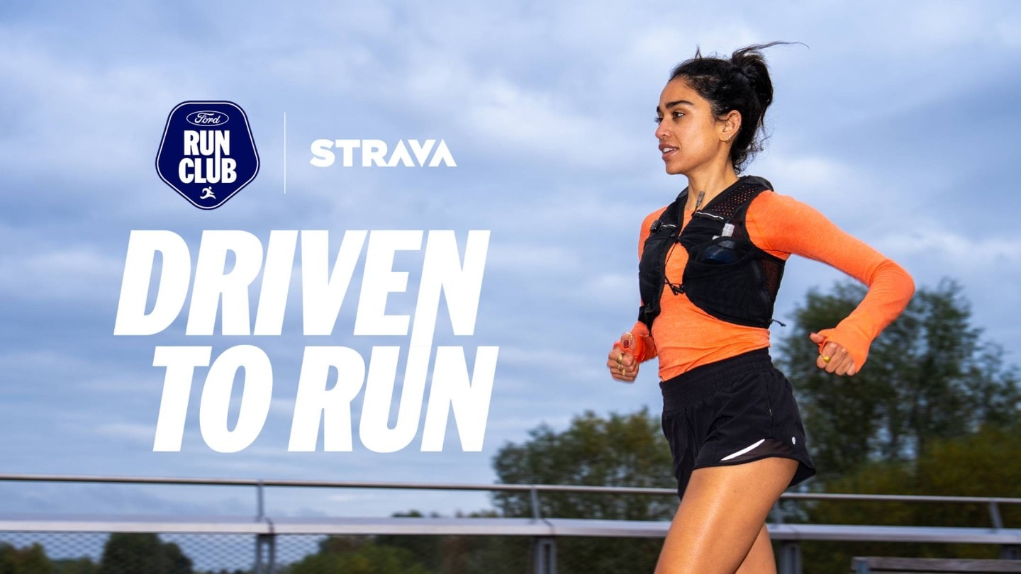 A woman in an orange top, shorts, and vest runs outdoors. Ford Run Club, Strava logos, and 'DRIVEN TO RUN' text are visible. Cloudy sky, trees, and railing are in the background.