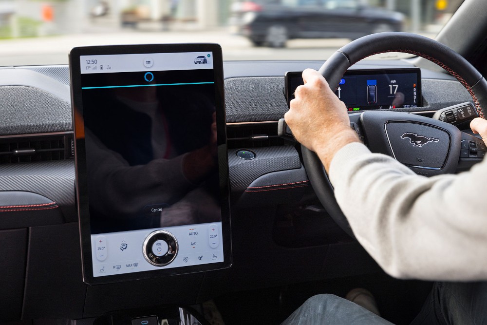 The Amazon Alexa Built-in interface on the SYNC 4 screen of the Mustang Mach-E.