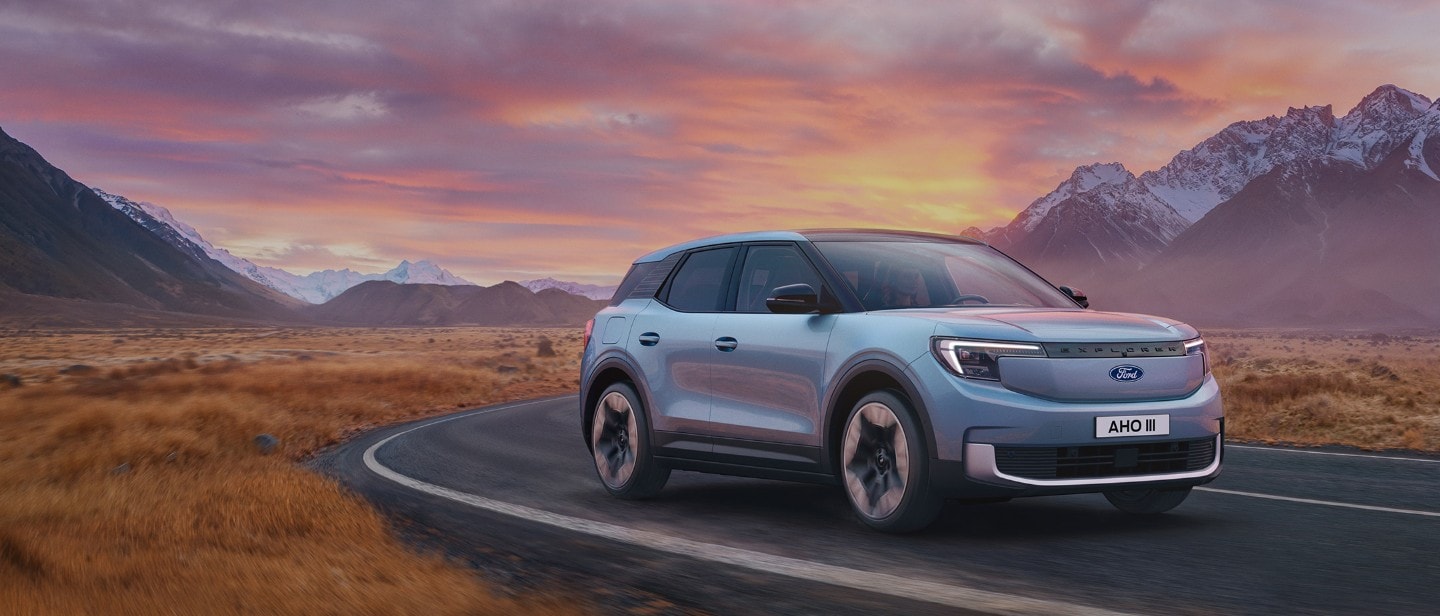 The New All-Electric Explorer being driven through wild landscape