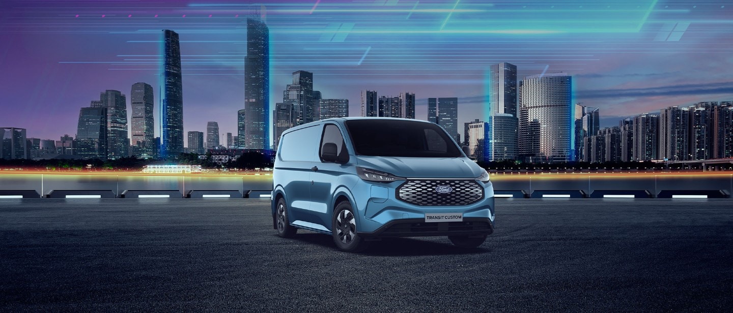 A blue Ford E-Transit Custom parked in front of a city skyline with an abstract sky.