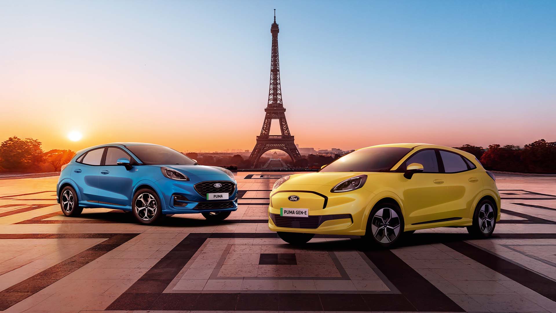 Ford Puma and Ford Puma Gen-E, parked in front of the Eiffel Tower. 