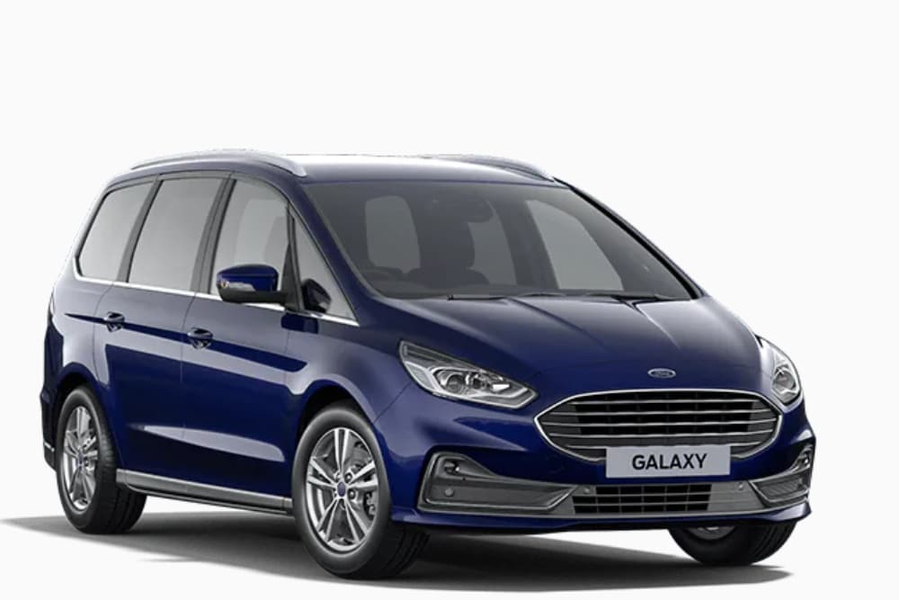 A blue Ford Galaxy on a white background.