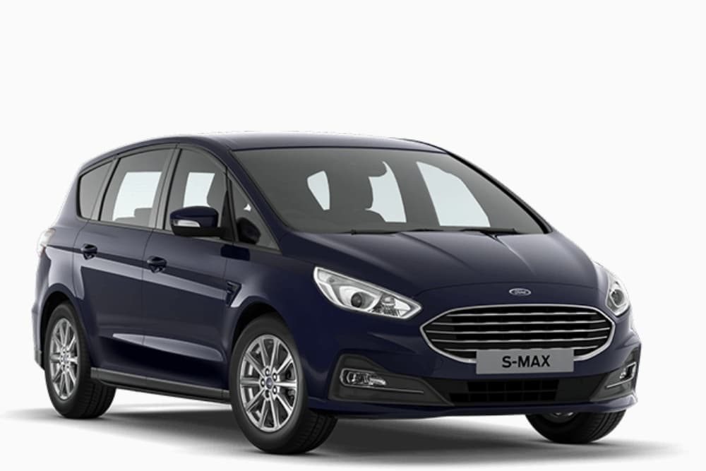 A blue Ford S-MAX on a white background.